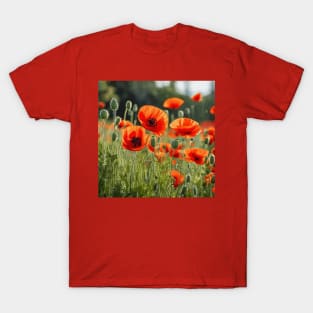 Red Poppy Garden Floral Landscape T-Shirt